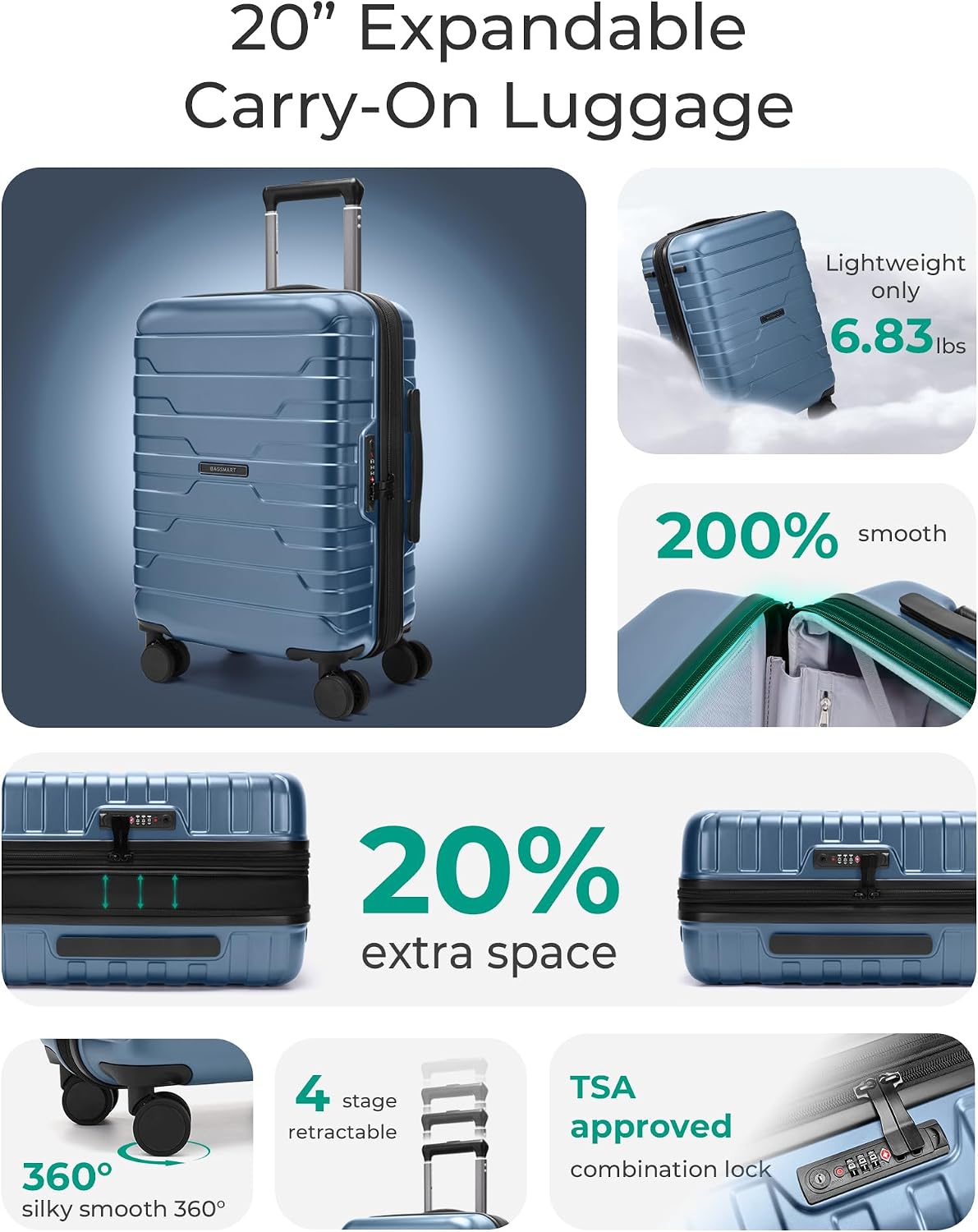 Carry On Luggage 22x14x9 Airline Approved with Spinner Wheels,Lightweight 20 Inch Luggage with TSA Lock,Expandable Hard Shell Carry On Suitcases for Men Women,Gray