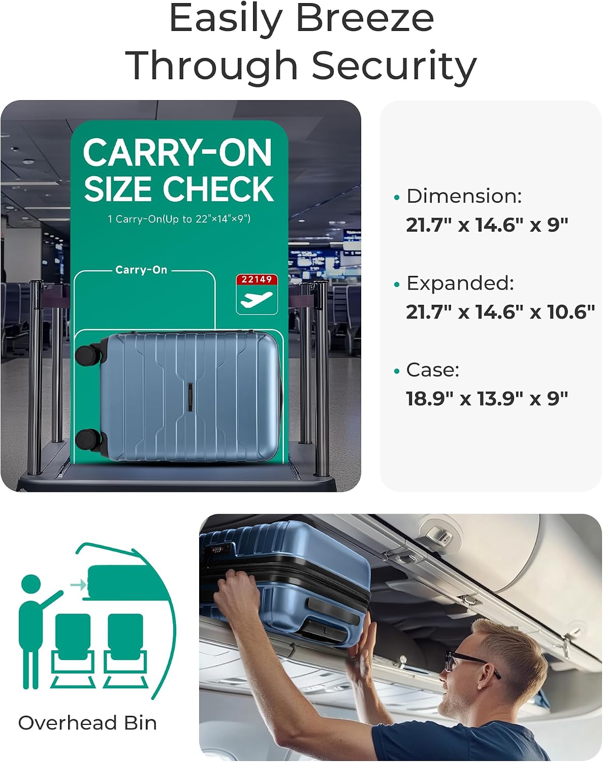 Carry On Luggage 22x14x9 Airline Approved with Spinner Wheels,Lightweight 20 Inch Luggage with TSA Lock,Expandable Hard Shell Carry On Suitcases for Men Women,Gray