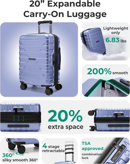 Carry On Luggage 22x14x9 Airline Approved with Spinner Wheels,Lightweight 20 Inch Luggage with TSA Lock,Expandable Hard Shell Carry On Suitcases for Men Women,Gray