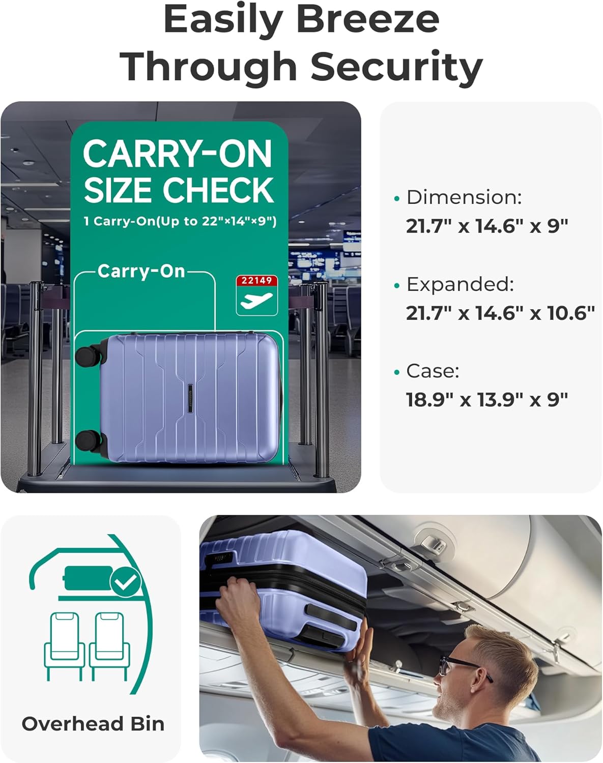 Carry On Luggage 22x14x9 Airline Approved with Spinner Wheels,Lightweight 20 Inch Luggage with TSA Lock,Expandable Hard Shell Carry On Suitcases for Men Women,Gray