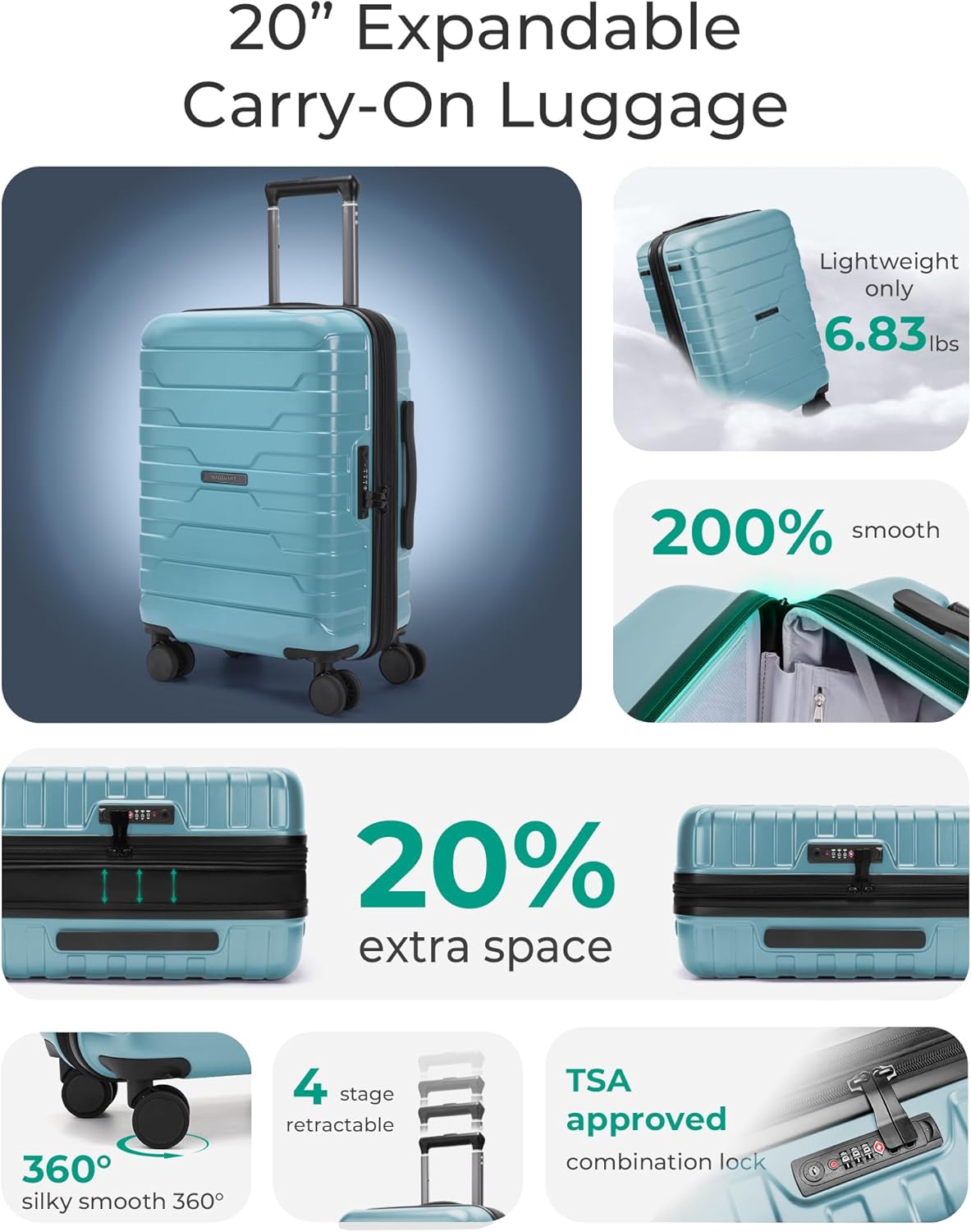 Carry On Luggage 22x14x9 Airline Approved with Spinner Wheels,Lightweight 20 Inch Luggage with TSA Lock,Expandable Hard Shell Carry On Suitcases for Men Women,Gray