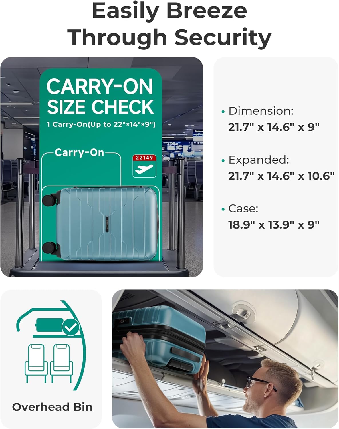 Carry On Luggage 22x14x9 Airline Approved with Spinner Wheels,Lightweight 20 Inch Luggage with TSA Lock,Expandable Hard Shell Carry On Suitcases for Men Women,Gray