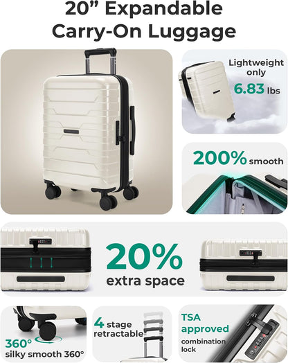 Carry On Luggage 22x14x9 Airline Approved with Spinner Wheels,Lightweight 20 Inch Luggage with TSA Lock,Expandable Hard Shell Carry On Suitcases for Men Women,Gray