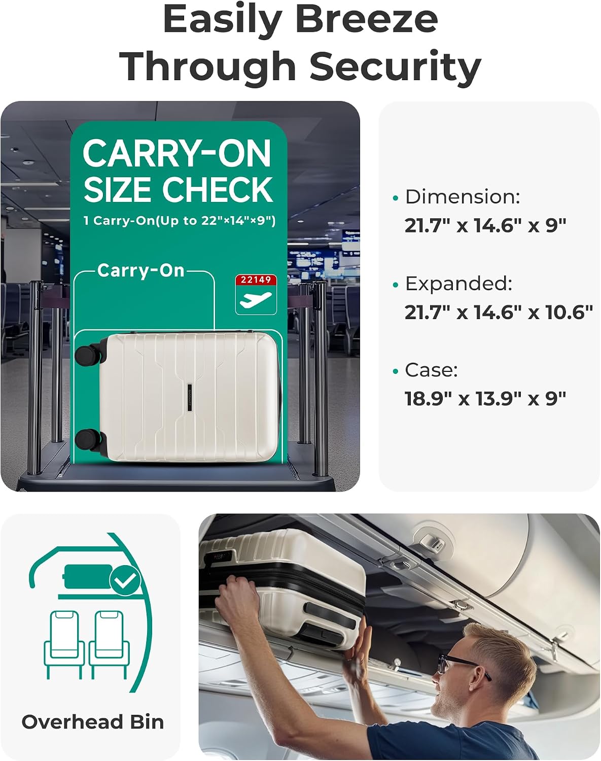 Carry On Luggage 22x14x9 Airline Approved with Spinner Wheels,Lightweight 20 Inch Luggage with TSA Lock,Expandable Hard Shell Carry On Suitcases for Men Women,Gray