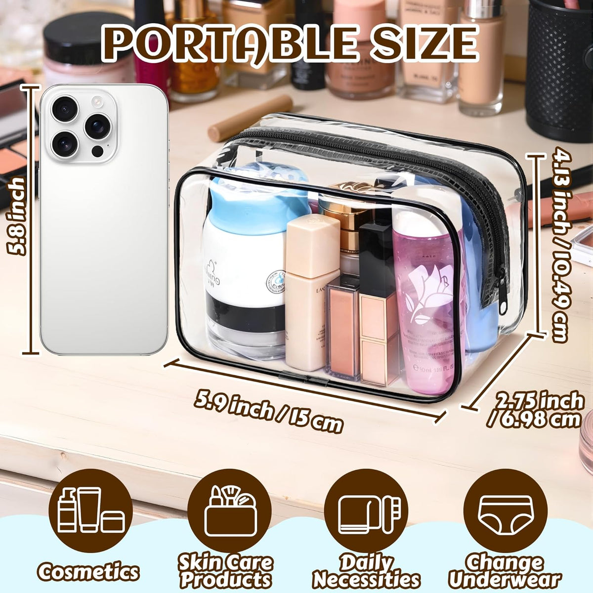 4Pack Clear Makeup Bags Waterproof Organizer Bags with Zipper Transparent Travel Cosmetic Bag TSA Approved Toiletry Bag Pouch Case for Vacation Airport Airline Compliant (Multicolour, Medium)