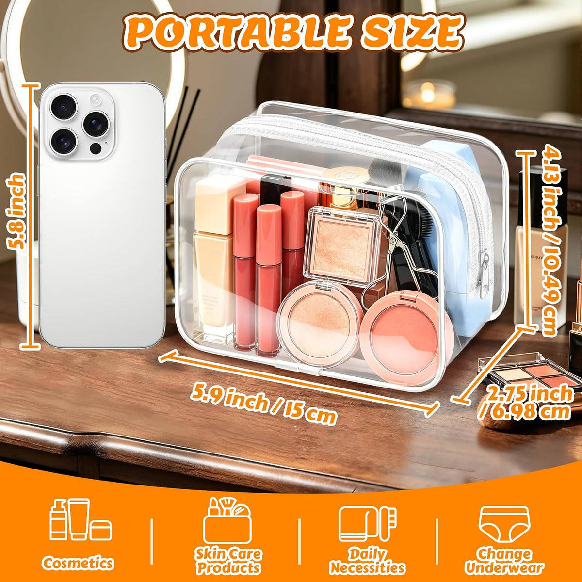 4Pack Clear Makeup Bags Waterproof Organizer Bags with Zipper Transparent Travel Cosmetic Bag TSA Approved Toiletry Bag Pouch Case for Vacation Airport Airline Compliant (Multicolour, Medium)