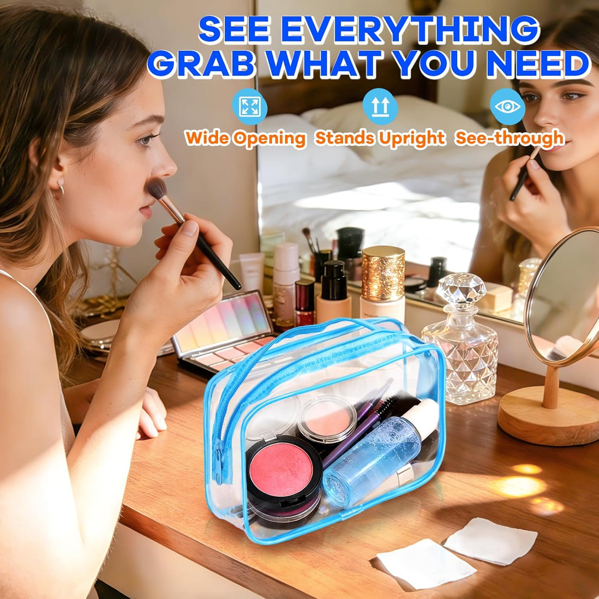 4Pack Clear Makeup Bags Waterproof Organizer Bags with Zipper Transparent Travel Cosmetic Bag TSA Approved Toiletry Bag Pouch Case for Vacation Airport Airline Compliant (Multicolour, Medium)