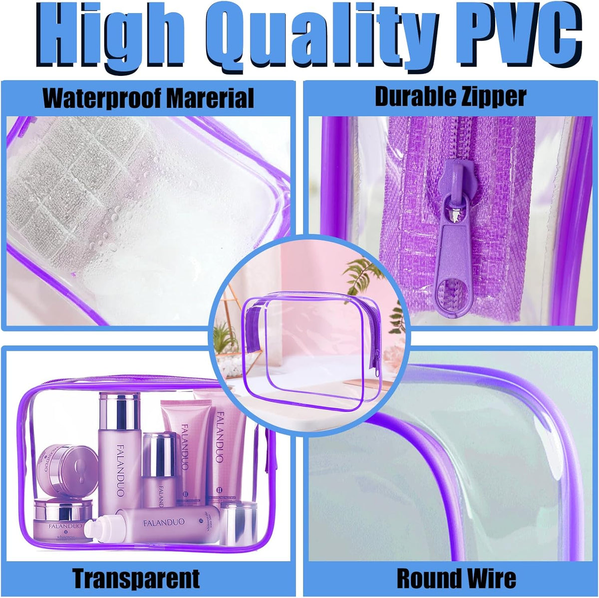 4Pack Clear Makeup Bags Waterproof Organizer Bags with Zipper Transparent Travel Cosmetic Bag TSA Approved Toiletry Bag Pouch Case for Vacation Airport Airline Compliant (Multicolour, Medium)