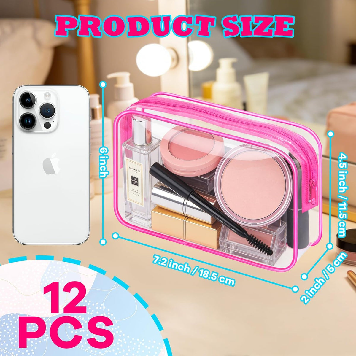 4Pack Clear Makeup Bags Waterproof Organizer Bags with Zipper Transparent Travel Cosmetic Bag TSA Approved Toiletry Bag Pouch Case for Vacation Airport Airline Compliant (Multicolour, Medium)