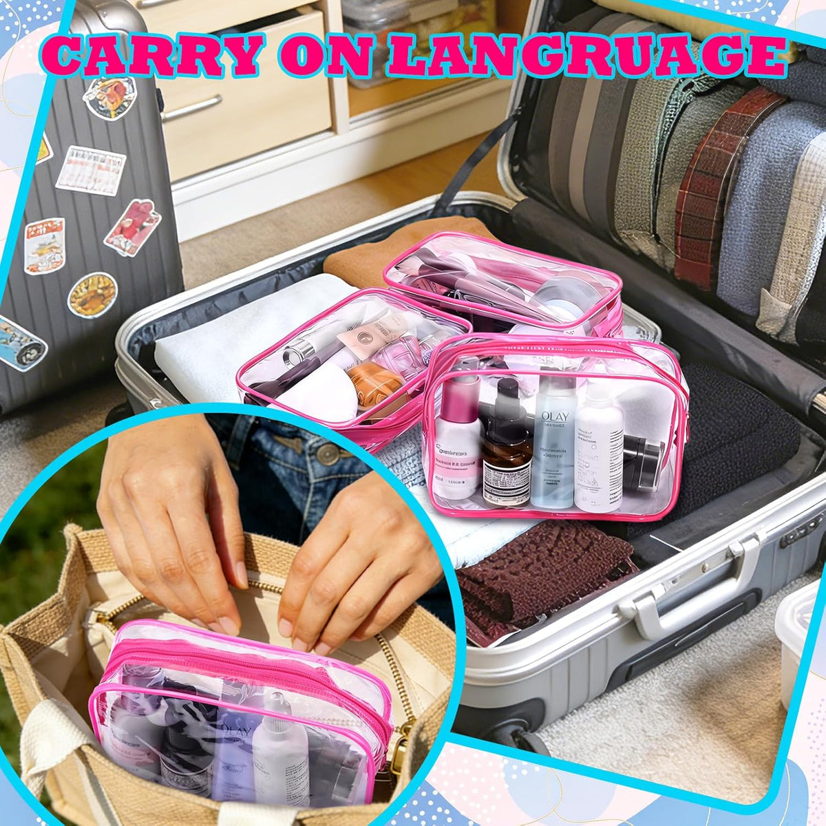 4Pack Clear Makeup Bags Waterproof Organizer Bags with Zipper Transparent Travel Cosmetic Bag TSA Approved Toiletry Bag Pouch Case for Vacation Airport Airline Compliant (Multicolour, Medium)