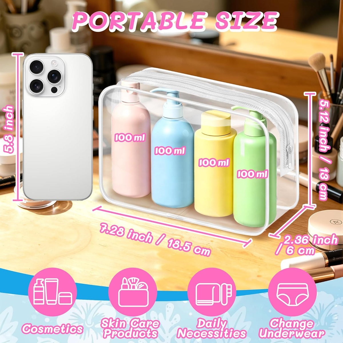 4Pack Clear Makeup Bags Waterproof Organizer Bags with Zipper Transparent Travel Cosmetic Bag TSA Approved Toiletry Bag Pouch Case for Vacation Airport Airline Compliant (Multicolour, Medium)