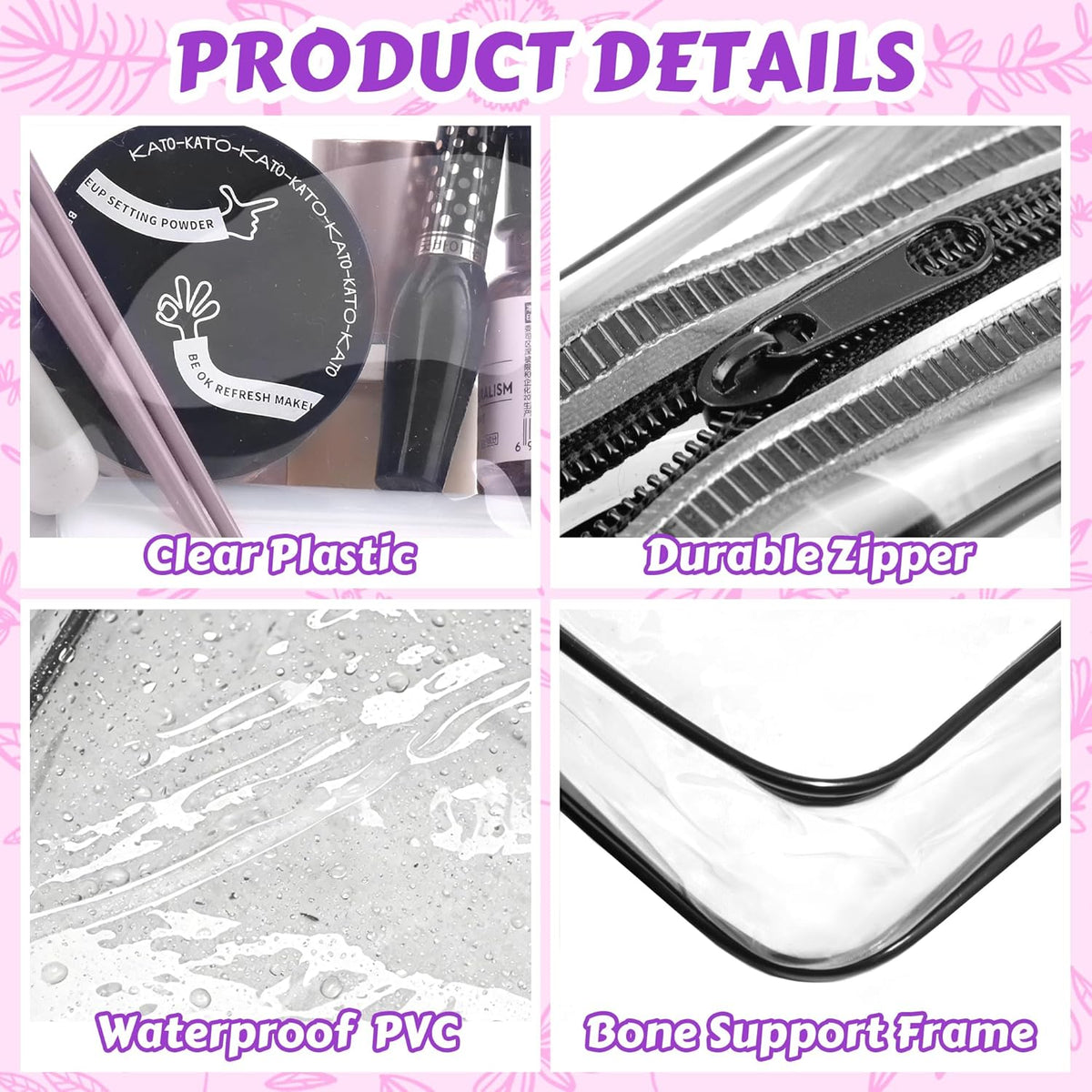 4Pack Clear Makeup Bags Waterproof Organizer Bags with Zipper Transparent Travel Cosmetic Bag TSA Approved Toiletry Bag Pouch Case for Vacation Airport Airline Compliant (Multicolour, Medium)