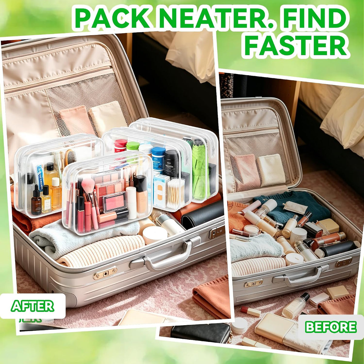 4Pack Clear Makeup Bags Waterproof Organizer Bags with Zipper Transparent Travel Cosmetic Bag TSA Approved Toiletry Bag Pouch Case for Vacation Airport Airline Compliant (Multicolour, Medium)