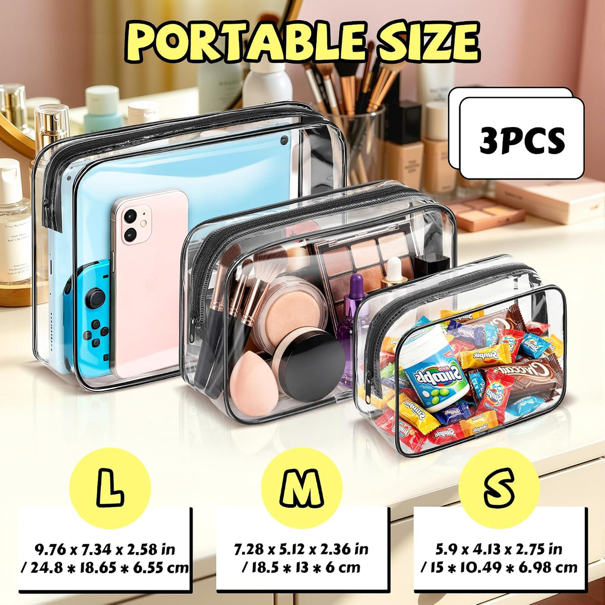 4Pack Clear Makeup Bags Waterproof Organizer Bags with Zipper Transparent Travel Cosmetic Bag TSA Approved Toiletry Bag Pouch Case for Vacation Airport Airline Compliant (Multicolour, Medium)