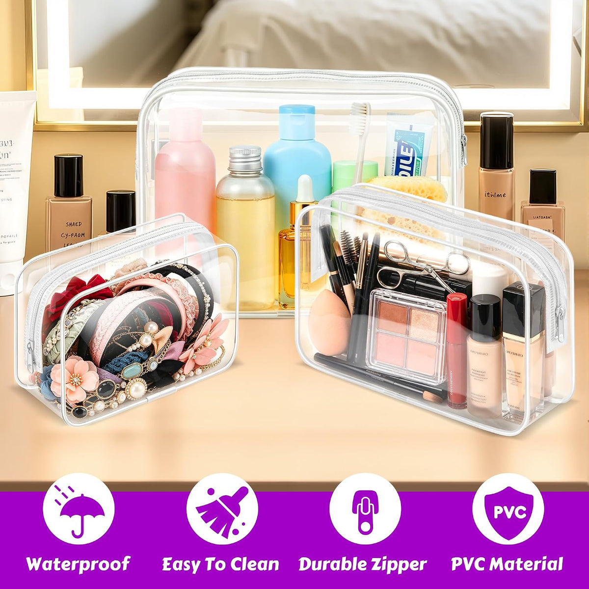 4Pack Clear Makeup Bags Waterproof Organizer Bags with Zipper Transparent Travel Cosmetic Bag TSA Approved Toiletry Bag Pouch Case for Vacation Airport Airline Compliant (Multicolour, Medium)