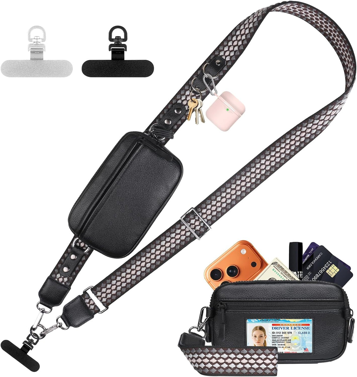 Clip and Go Phone Strap with Crossbody Wallet, Adjustable Phone Lanyard with Detachable RFID Wristlet Wallet, Anti-Theft Leather Purse with ID Window for Travel Essentials (Black)