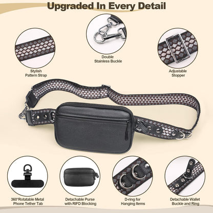 Clip and Go Phone Strap with Crossbody Wallet, Adjustable Phone Lanyard with Detachable RFID Wristlet Wallet, Anti-Theft Leather Purse with ID Window for Travel Essentials (Black)