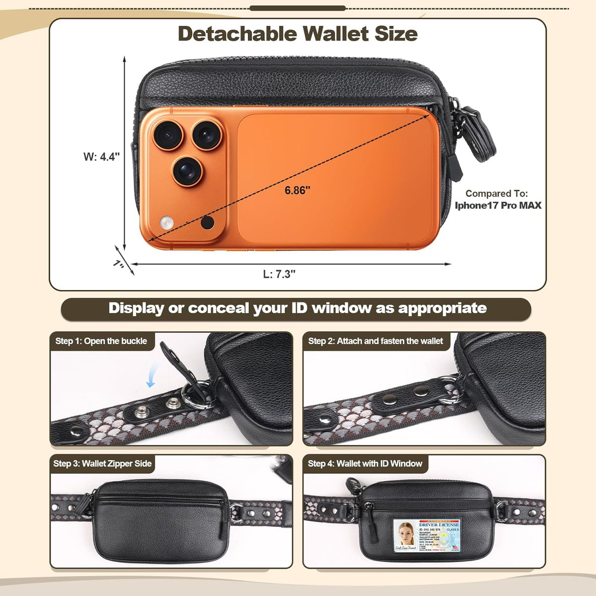 Clip and Go Phone Strap with Crossbody Wallet, Adjustable Phone Lanyard with Detachable RFID Wristlet Wallet, Anti-Theft Leather Purse with ID Window for Travel Essentials (Black)