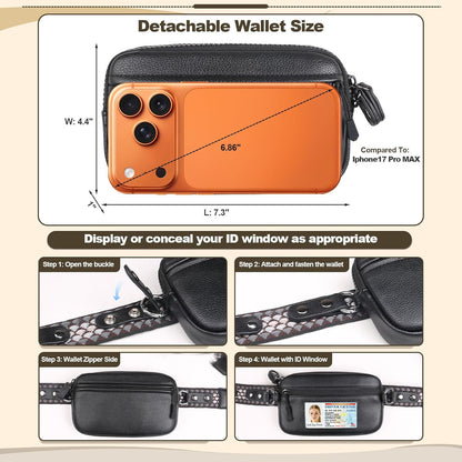 Clip and Go Phone Strap with Crossbody Wallet, Adjustable Phone Lanyard with Detachable RFID Wristlet Wallet, Anti-Theft Leather Purse with ID Window for Travel Essentials (Black)
