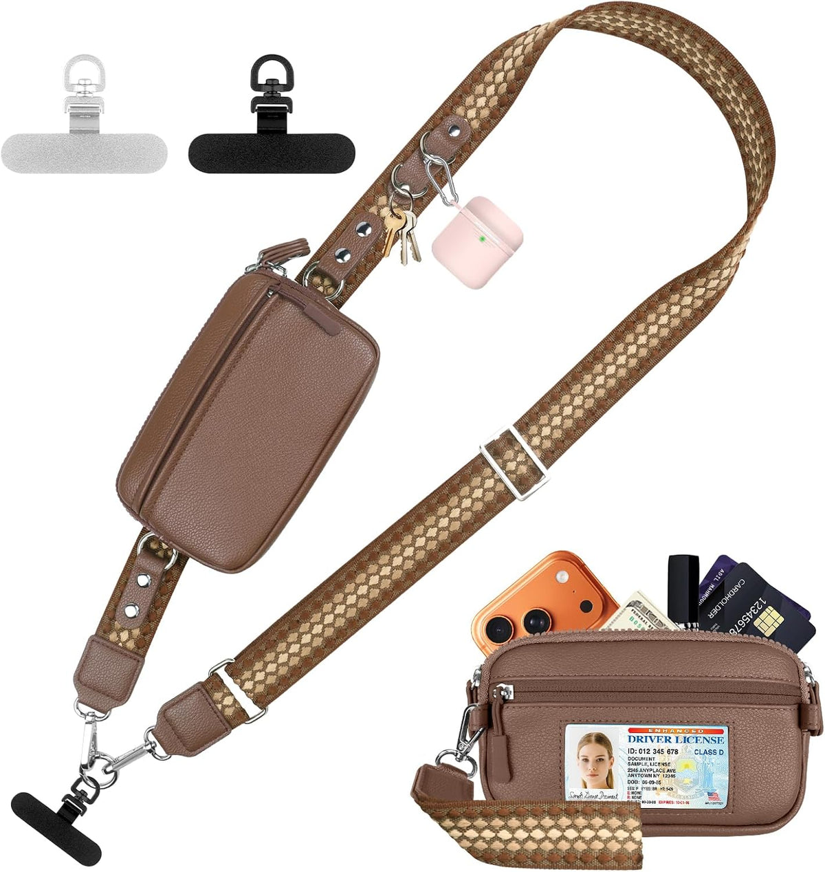 Clip and Go Phone Strap with Crossbody Wallet, Adjustable Phone Lanyard with Detachable RFID Wristlet Wallet, Anti-Theft Leather Purse with ID Window for Travel Essentials (Black)