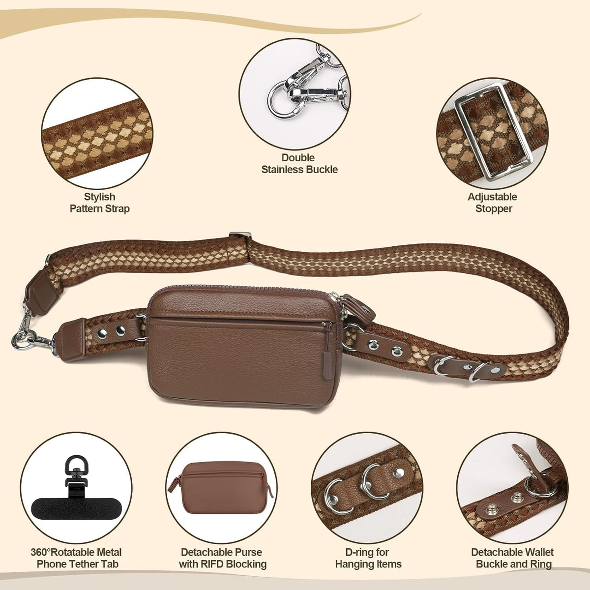 Clip and Go Phone Strap with Crossbody Wallet, Adjustable Phone Lanyard with Detachable RFID Wristlet Wallet, Anti-Theft Leather Purse with ID Window for Travel Essentials (Black)