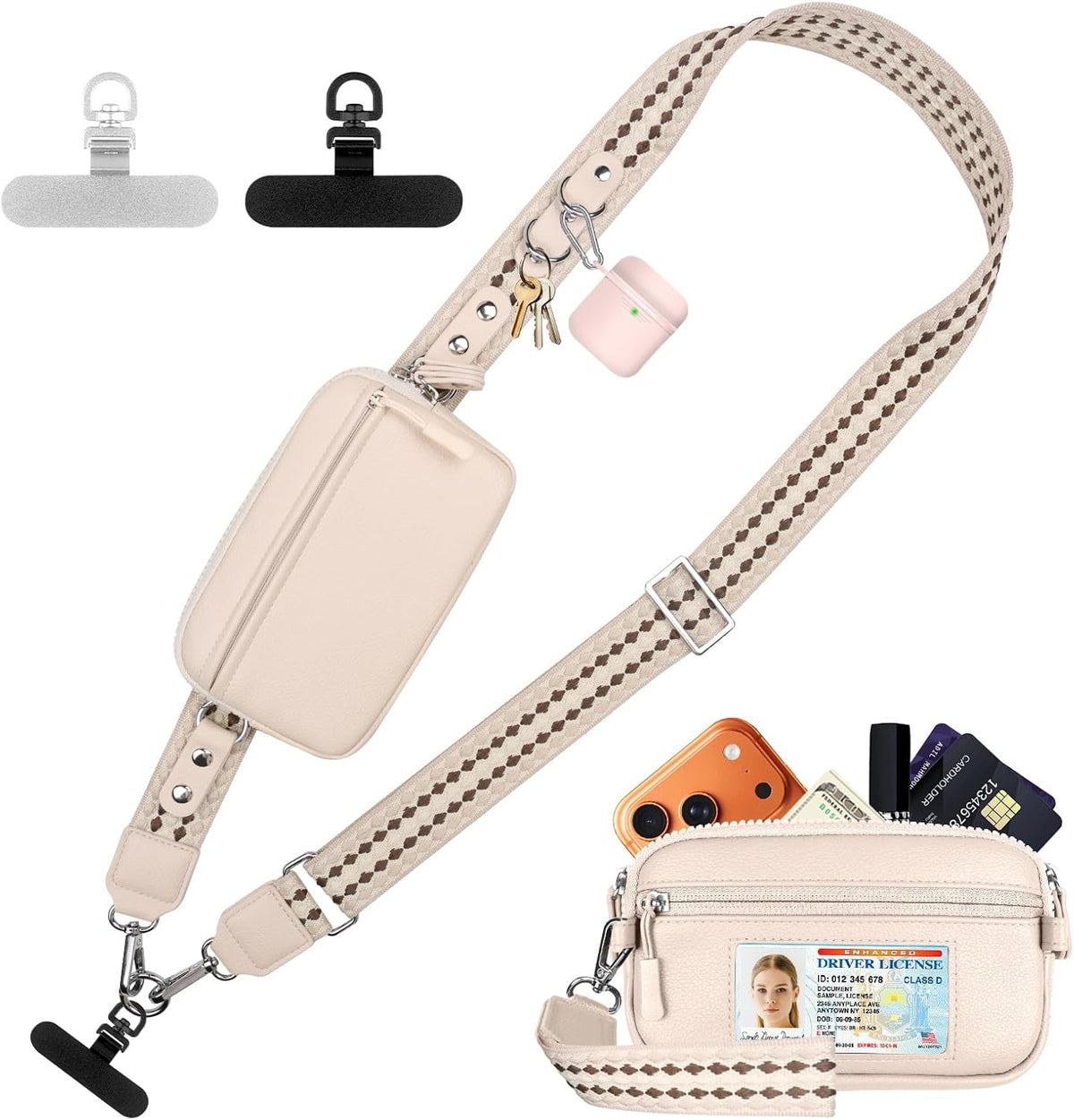 Clip and Go Phone Strap with Crossbody Wallet, Adjustable Phone Lanyard with Detachable RFID Wristlet Wallet, Anti-Theft Leather Purse with ID Window for Travel Essentials (Black)