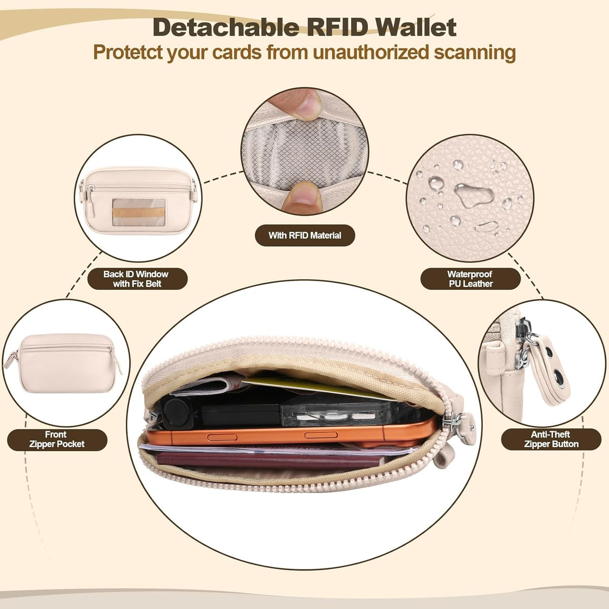 Clip and Go Phone Strap with Crossbody Wallet, Adjustable Phone Lanyard with Detachable RFID Wristlet Wallet, Anti-Theft Leather Purse with ID Window for Travel Essentials (Black)