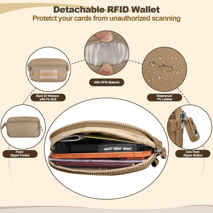 Clip and Go Phone Strap with Crossbody Wallet, Adjustable Phone Lanyard with Detachable RFID Wristlet Wallet, Anti-Theft Leather Purse with ID Window for Travel Essentials (Black)