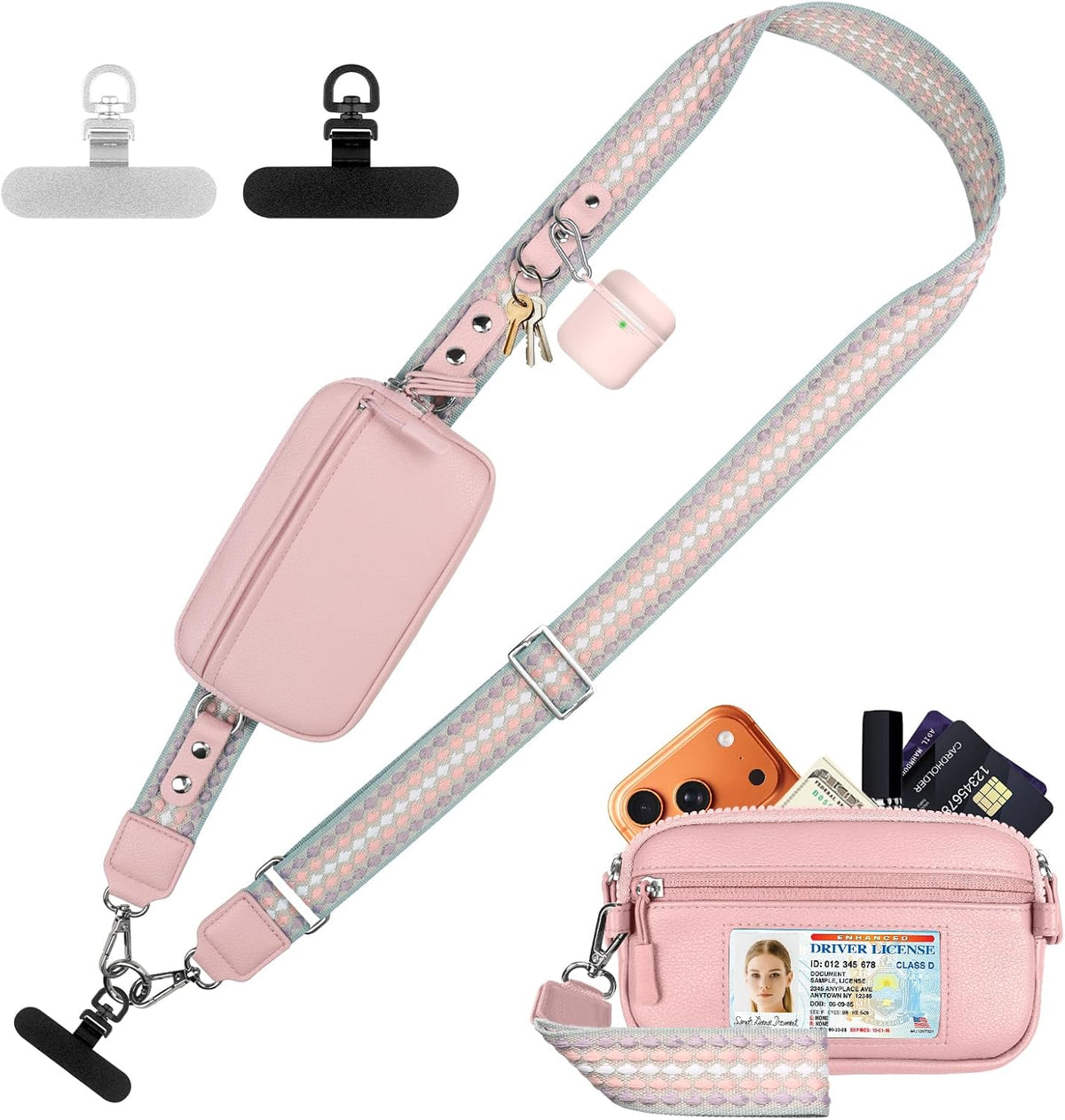 Clip and Go Phone Strap with Crossbody Wallet, Adjustable Phone Lanyard with Detachable RFID Wristlet Wallet, Anti-Theft Leather Purse with ID Window for Travel Essentials (Black)