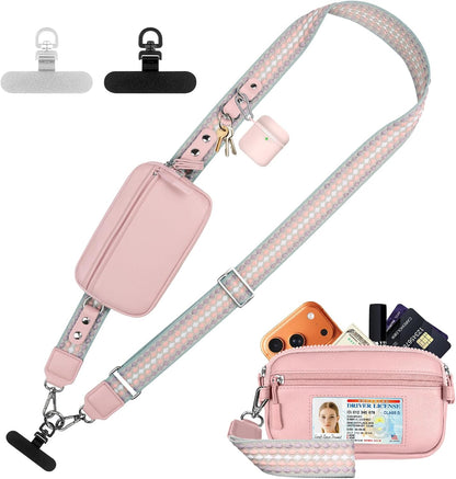 Clip and Go Phone Strap with Crossbody Wallet, Adjustable Phone Lanyard with Detachable RFID Wristlet Wallet, Anti-Theft Leather Purse with ID Window for Travel Essentials (Black)