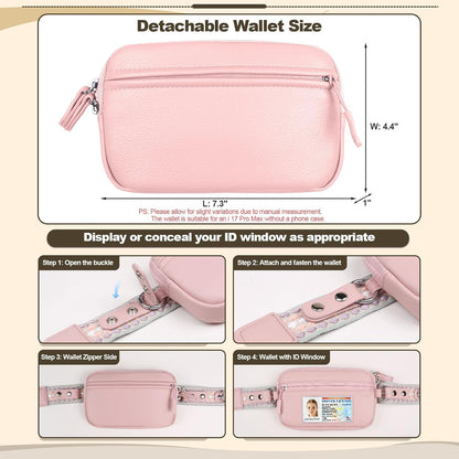 Clip and Go Phone Strap with Crossbody Wallet, Adjustable Phone Lanyard with Detachable RFID Wristlet Wallet, Anti-Theft Leather Purse with ID Window for Travel Essentials (Black)