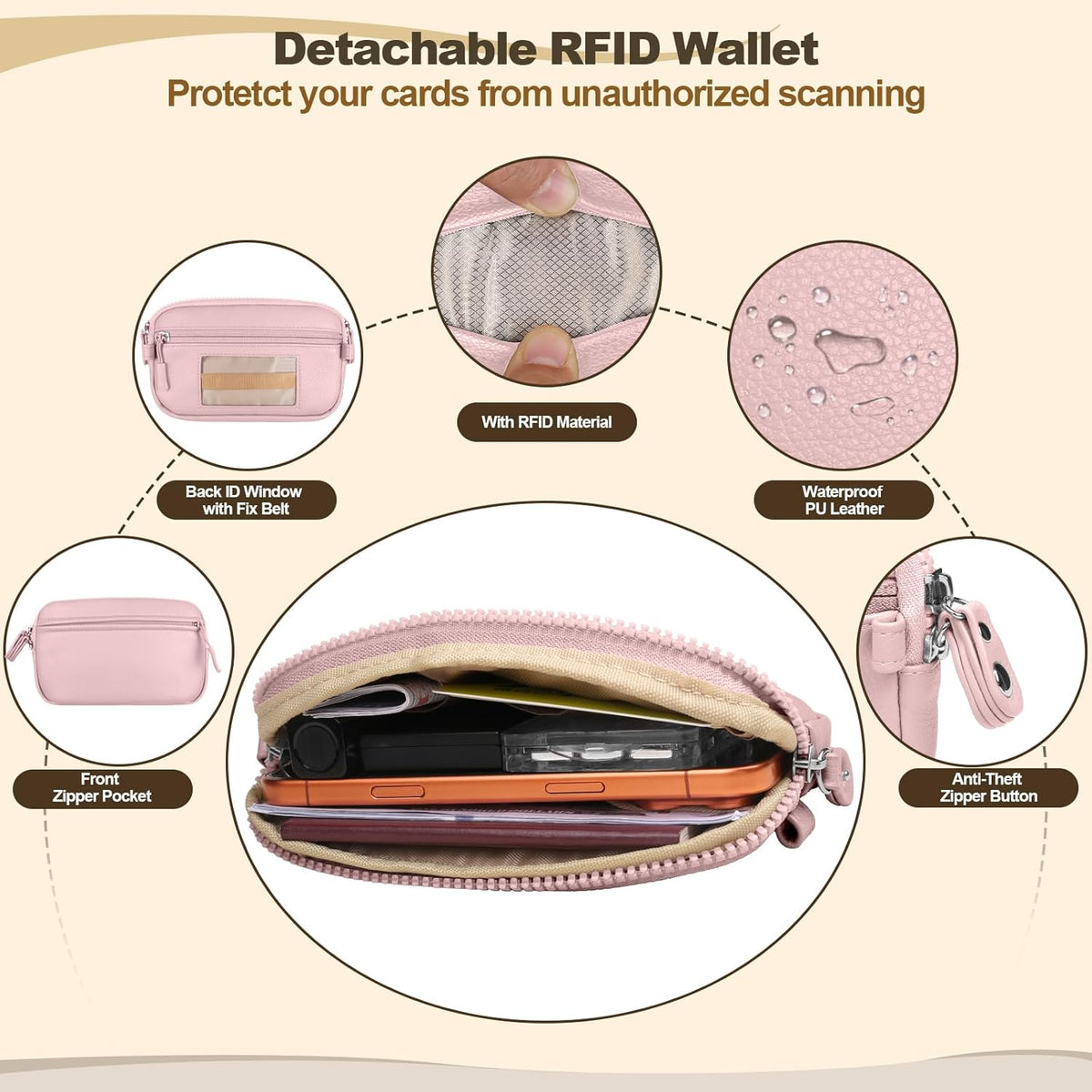 Clip and Go Phone Strap with Crossbody Wallet, Adjustable Phone Lanyard with Detachable RFID Wristlet Wallet, Anti-Theft Leather Purse with ID Window for Travel Essentials (Black)