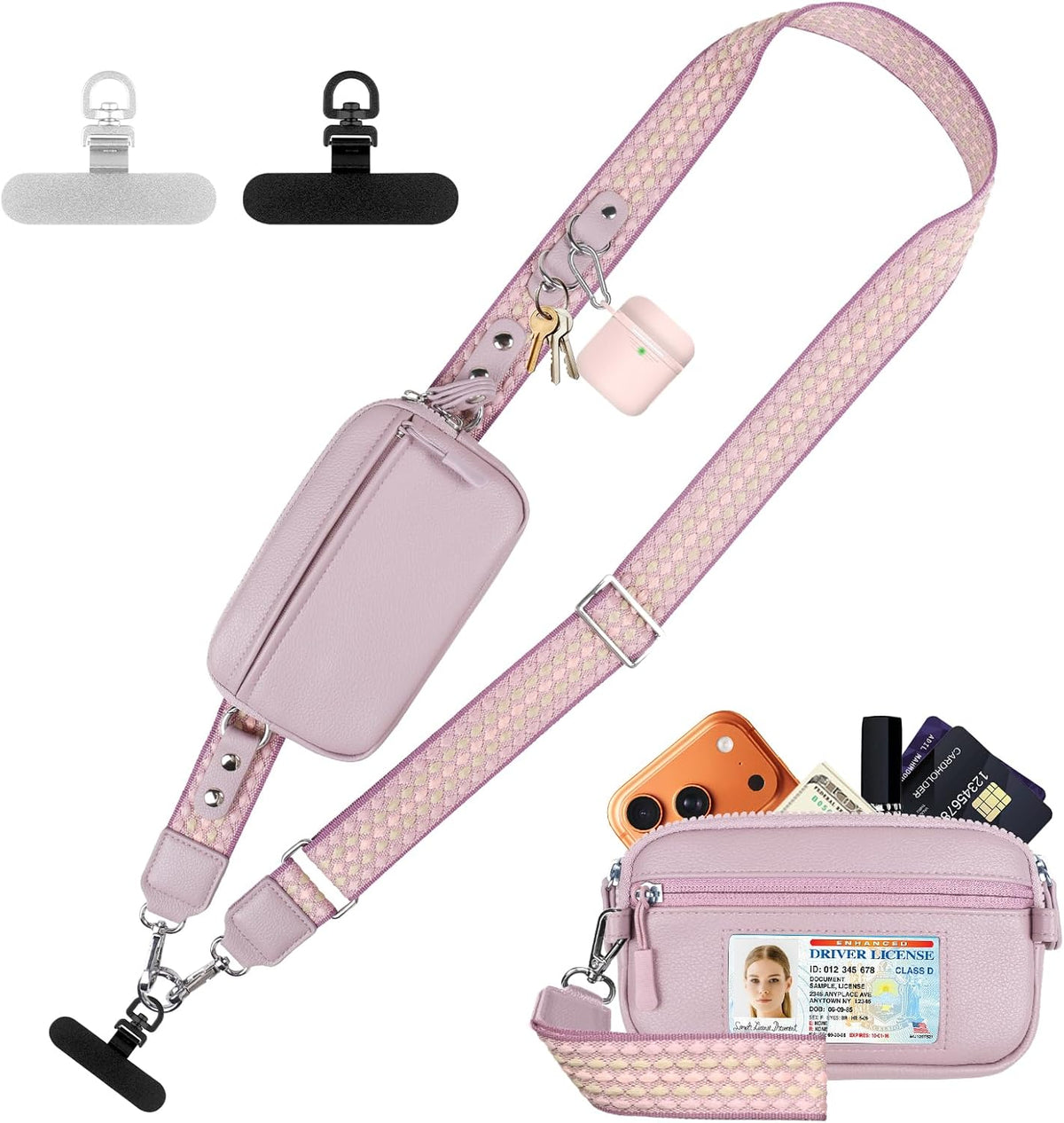 Clip and Go Phone Strap with Crossbody Wallet, Adjustable Phone Lanyard with Detachable RFID Wristlet Wallet, Anti-Theft Leather Purse with ID Window for Travel Essentials (Black)