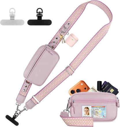Clip and Go Phone Strap with Crossbody Wallet, Adjustable Phone Lanyard with Detachable RFID Wristlet Wallet, Anti-Theft Leather Purse with ID Window for Travel Essentials (Black)