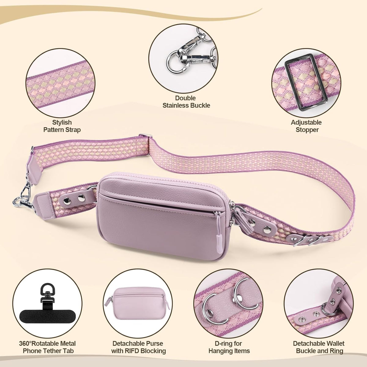 Clip and Go Phone Strap with Crossbody Wallet, Adjustable Phone Lanyard with Detachable RFID Wristlet Wallet, Anti-Theft Leather Purse with ID Window for Travel Essentials (Black)
