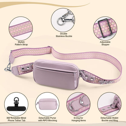 Clip and Go Phone Strap with Crossbody Wallet, Adjustable Phone Lanyard with Detachable RFID Wristlet Wallet, Anti-Theft Leather Purse with ID Window for Travel Essentials (Black)