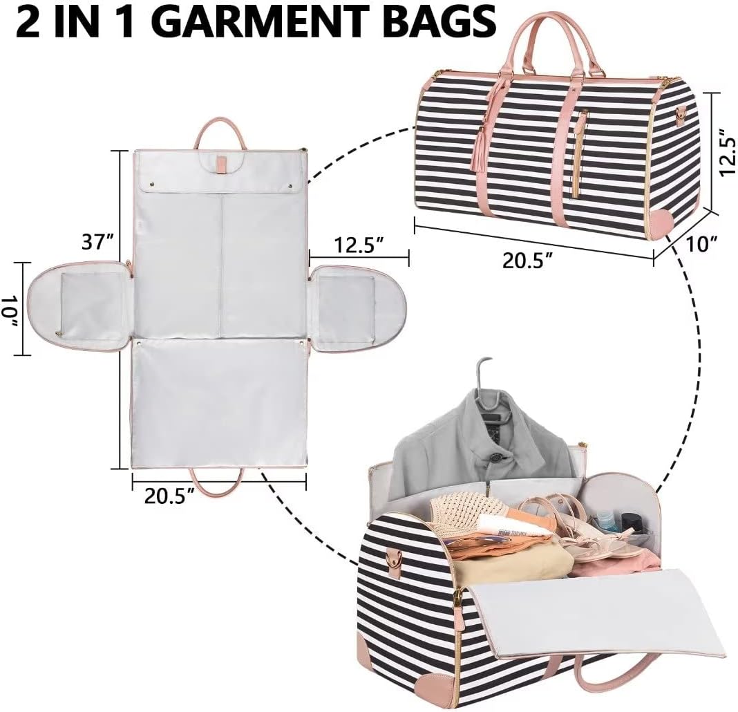 Garment Duffle Bags for Travel, Convertible Carry On Garment Bag for Women, Large PU Leather Foldable Travel Bag with Shoe Pouch, 2 in 1 Hanging Suitcase Dress Suit Travel Bags, Pink