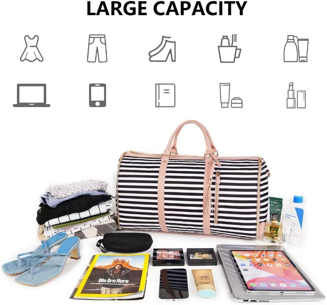 Garment Duffle Bags for Travel, Convertible Carry On Garment Bag for Women, Large PU Leather Foldable Travel Bag with Shoe Pouch, 2 in 1 Hanging Suitcase Dress Suit Travel Bags, Pink