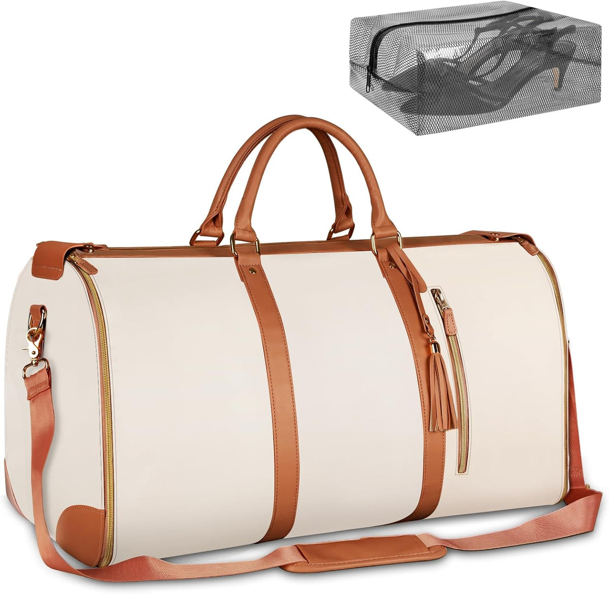Garment Duffle Bags for Travel, Convertible Carry On Garment Bag for Women, Large PU Leather Foldable Travel Bag with Shoe Pouch, 2 in 1 Hanging Suitcase Dress Suit Travel Bags, Pink