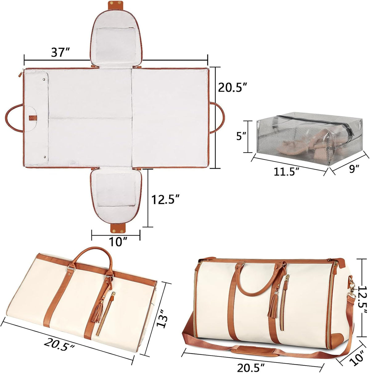 Garment Duffle Bags for Travel, Convertible Carry On Garment Bag for Women, Large PU Leather Foldable Travel Bag with Shoe Pouch, 2 in 1 Hanging Suitcase Dress Suit Travel Bags, Pink