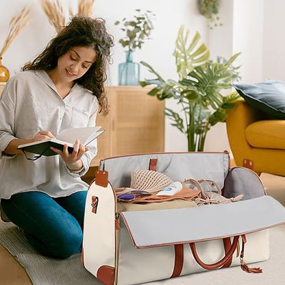 Garment Duffle Bags for Travel, Convertible Carry On Garment Bag for Women, Large PU Leather Foldable Travel Bag with Shoe Pouch, 2 in 1 Hanging Suitcase Dress Suit Travel Bags, Pink