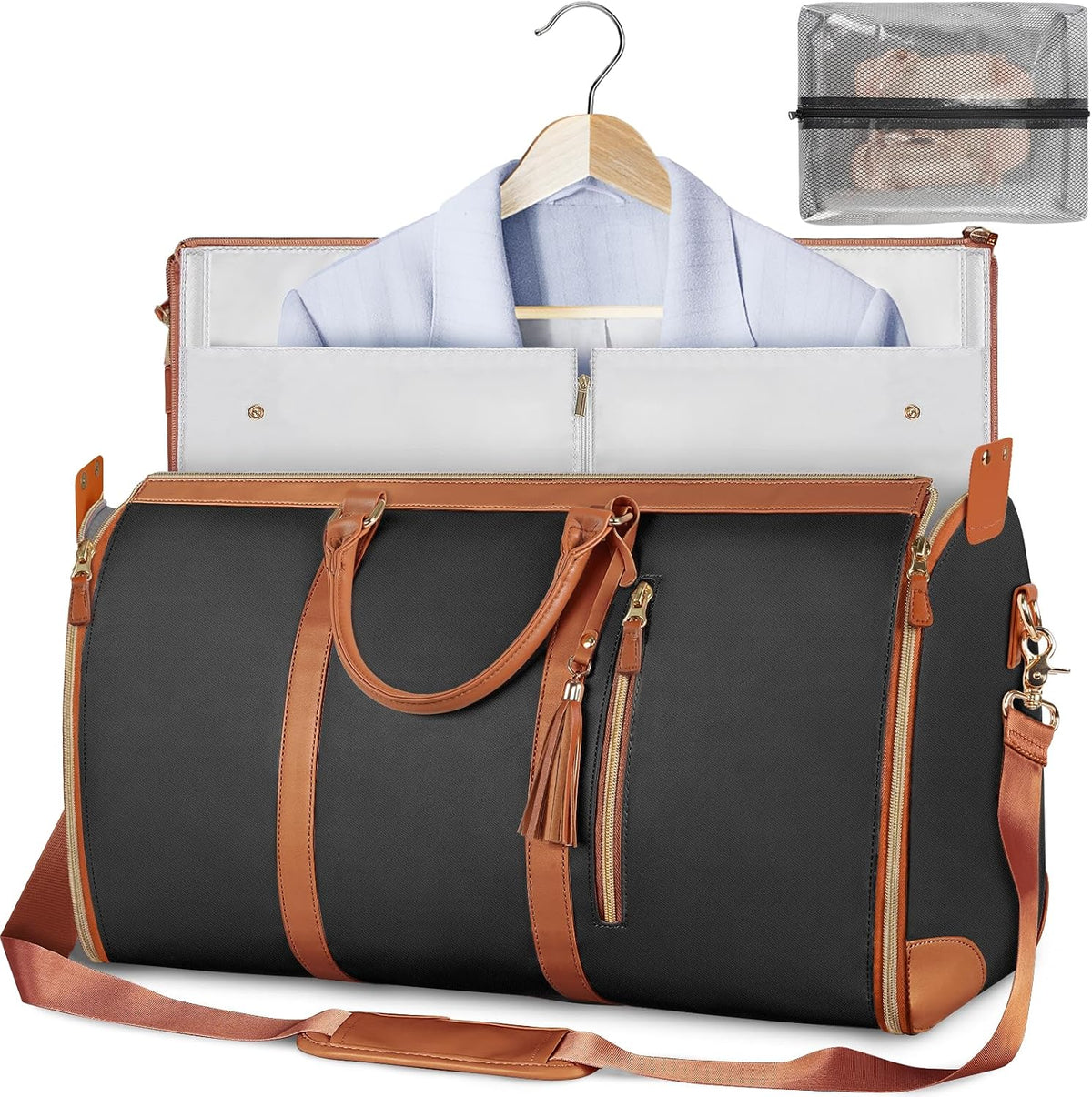 Garment Duffle Bags for Travel, Convertible Carry On Garment Bag for Women, Large PU Leather Foldable Travel Bag with Shoe Pouch, 2 in 1 Hanging Suitcase Dress Suit Travel Bags, Pink