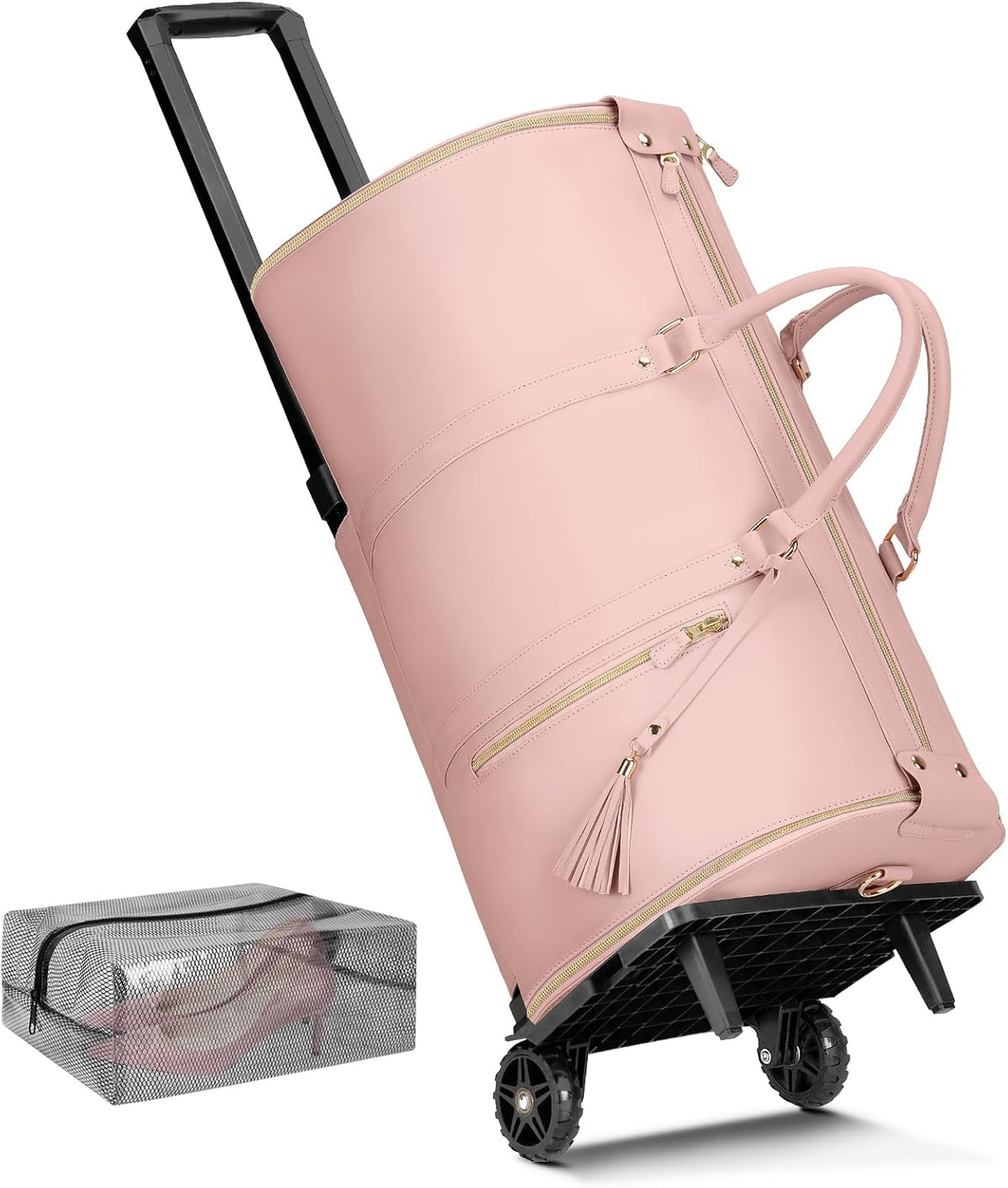 Garment Duffle Bags for Travel, Convertible Carry On Garment Bag for Women, Large PU Leather Foldable Travel Bag with Shoe Pouch, 2 in 1 Hanging Suitcase Dress Suit Travel Bags, Pink