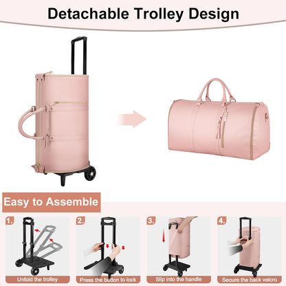 Garment Duffle Bags for Travel, Convertible Carry On Garment Bag for Women, Large PU Leather Foldable Travel Bag with Shoe Pouch, 2 in 1 Hanging Suitcase Dress Suit Travel Bags, Pink