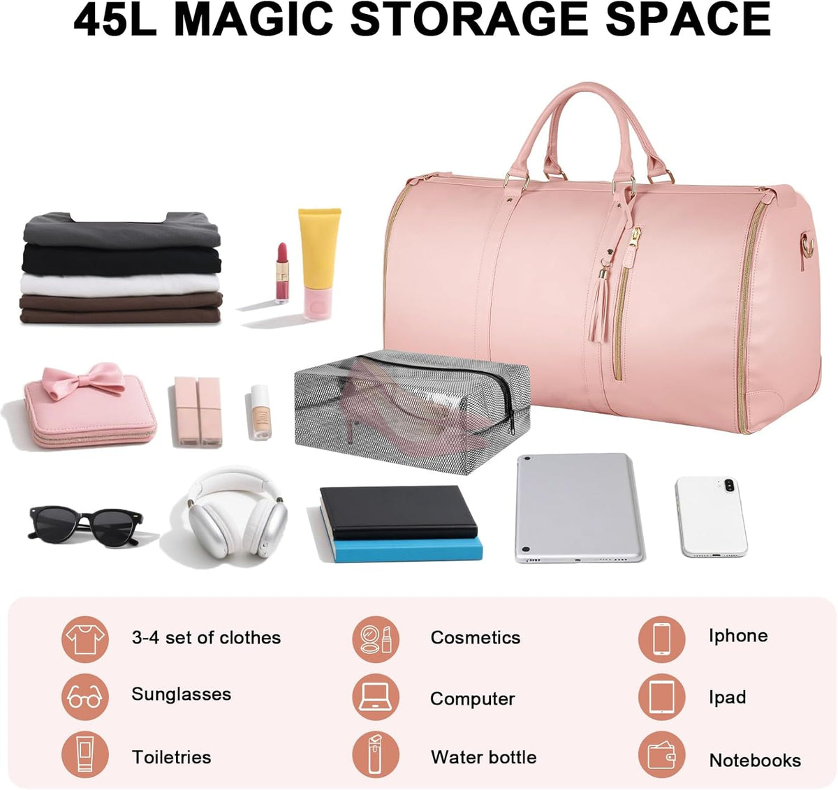 Garment Duffle Bags for Travel, Convertible Carry On Garment Bag for Women, Large PU Leather Foldable Travel Bag with Shoe Pouch, 2 in 1 Hanging Suitcase Dress Suit Travel Bags, Pink