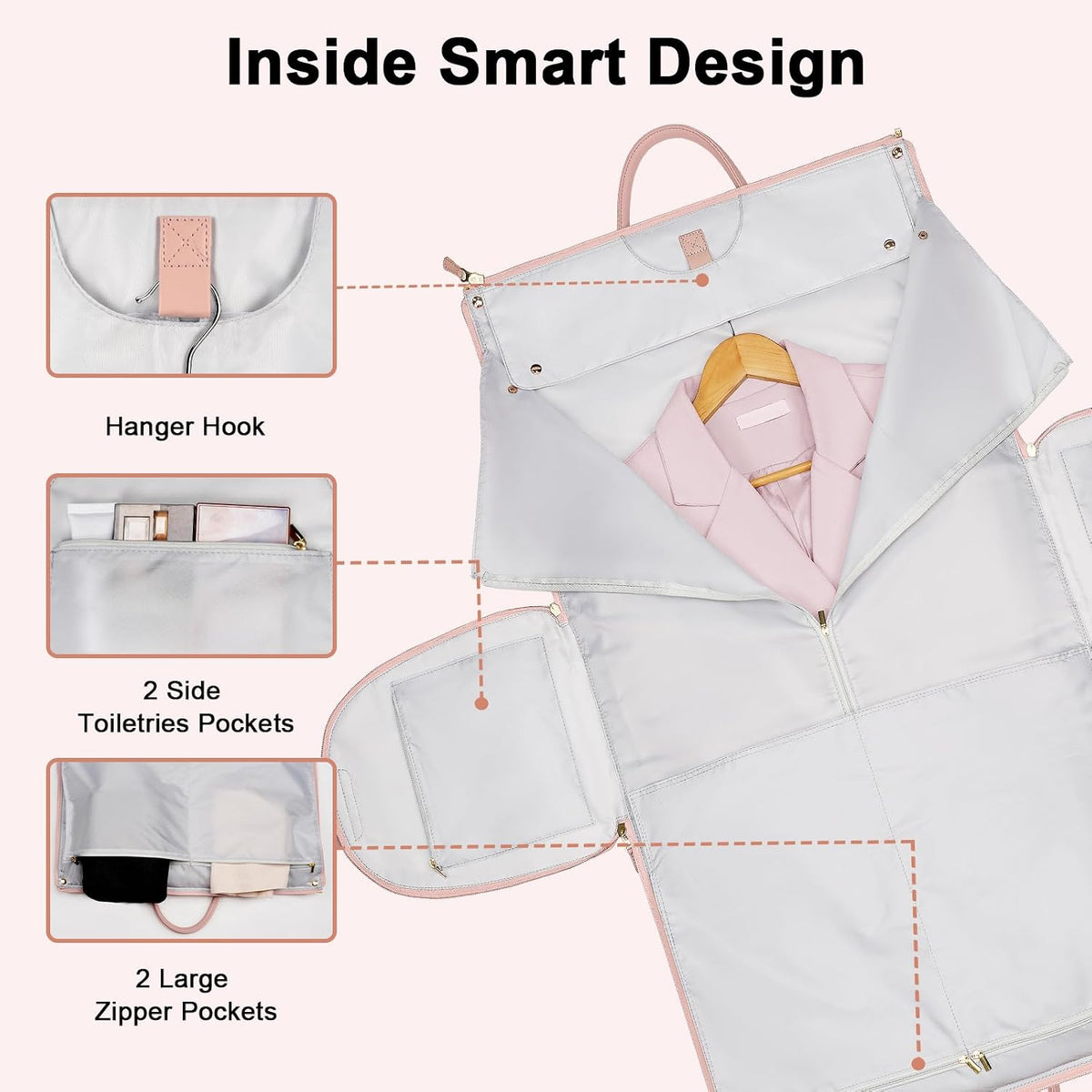 Garment Duffle Bags for Travel, Convertible Carry On Garment Bag for Women, Large PU Leather Foldable Travel Bag with Shoe Pouch, 2 in 1 Hanging Suitcase Dress Suit Travel Bags, Pink
