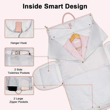 Garment Duffle Bags for Travel, Convertible Carry On Garment Bag for Women, Large PU Leather Foldable Travel Bag with Shoe Pouch, 2 in 1 Hanging Suitcase Dress Suit Travel Bags, Pink
