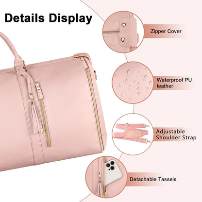 Garment Duffle Bags for Travel, Convertible Carry On Garment Bag for Women, Large PU Leather Foldable Travel Bag with Shoe Pouch, 2 in 1 Hanging Suitcase Dress Suit Travel Bags, Pink