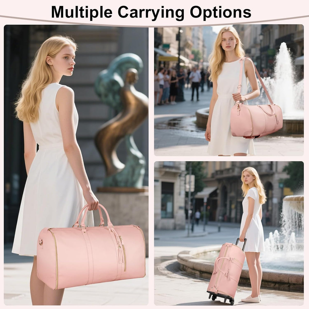 Garment Duffle Bags for Travel, Convertible Carry On Garment Bag for Women, Large PU Leather Foldable Travel Bag with Shoe Pouch, 2 in 1 Hanging Suitcase Dress Suit Travel Bags, Pink