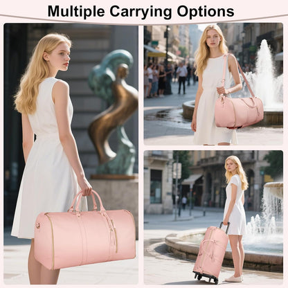 Garment Duffle Bags for Travel, Convertible Carry On Garment Bag for Women, Large PU Leather Foldable Travel Bag with Shoe Pouch, 2 in 1 Hanging Suitcase Dress Suit Travel Bags, Pink